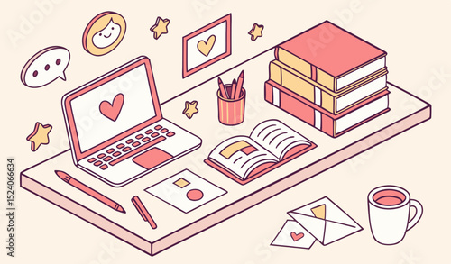 Cute girly desk with laptop, books, notes, stickers. Trendy retro isometry Y2K template for background, banner, poster. Isometric line vector illustration.