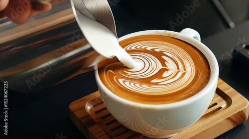 Close-up slow-motion capture of a barista pouring steamed milk into espresso, forming intricate latte art swirls