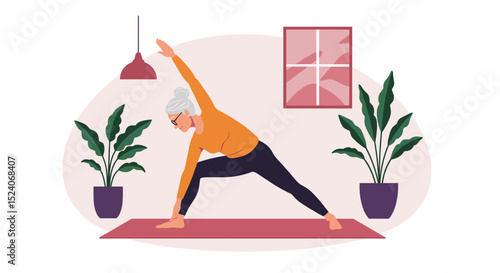Elderly woman practicing yoga in home environment with plants  