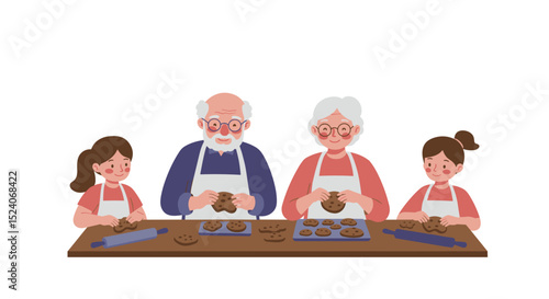Grandparents and granddaughters baking cookies together in a kitchen  