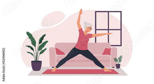 Elderly woman practicing yoga in living room with plants  