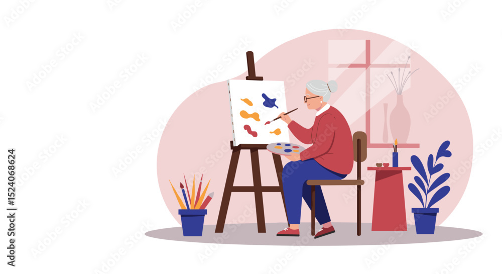 Fototapeta premium Elderly woman painting on canvas at easel in bright studio 