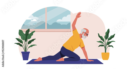 Elderly man practicing yoga on mat in bright indoor space  