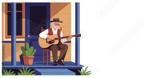 Elderly man playing guitar while sitting on porch outside house  