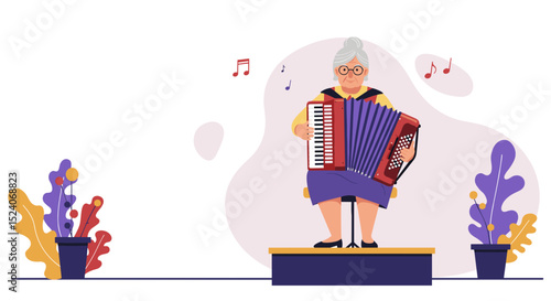 Elderly woman playing accordion on stage with colorful plants  