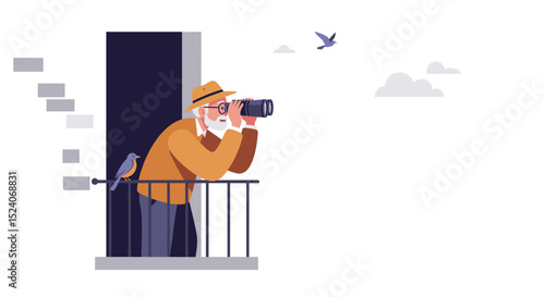 Elderly man observing birds with binoculars from balcony  