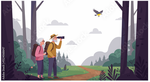 Elderly couple observing birds while hiking in forested area  