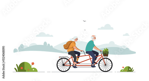 Elderly couple riding tandem bicycle together in nature setting  