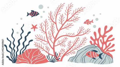 Underwater Ecosystem Illustration: Vibrant illustration of an underwater ecosystem with diverse marine life, showcasing a flourishing coral reef and its inhabitants.