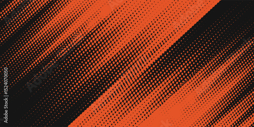 Halftone orange dots pattern and black gradient grunge texture background. Dotted line comic sport style vector grunge.