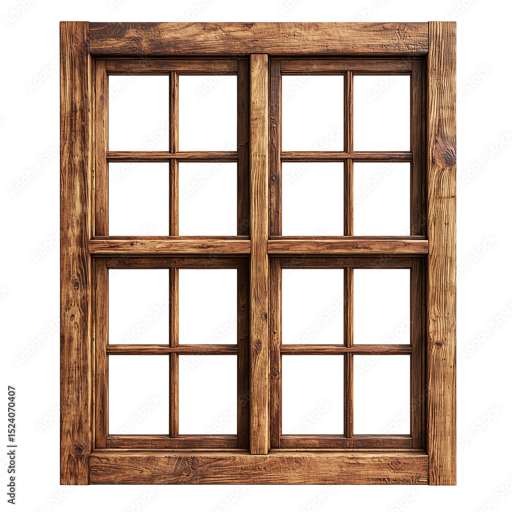 Rustic wooden window frame with eight panes against a plain backdrop isolated on transparent background Rustic wooden window frame with eight panes against a plain backdrop isolated on transparent background