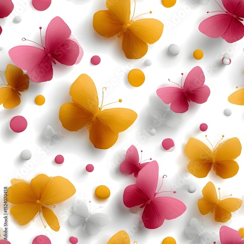 Colorful butterflies and spheres in a vibrant pattern