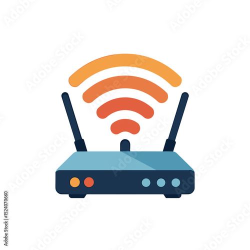 Stylized Flat Vector Illustration of a Wireless Router with Signal Waves Emanating from It