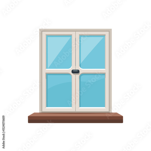 Illustration of a White Framed Double Door with Blue Glass Panes and Brown Sill