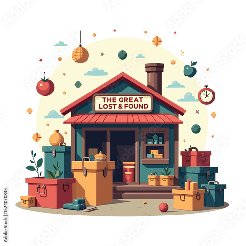 Whimsical Illustration of The Great Lost & Found Building with Colorful Boxes and Playful Details