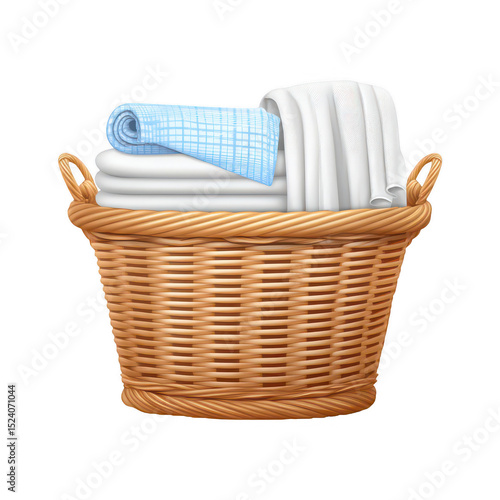 Clean laundry basket filled with white towels and blue checkered cloth folded neatly on top, ready for home organization and freshness