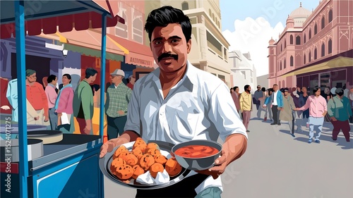 A vector illustration of a street food vendor on a bustling Indian street.