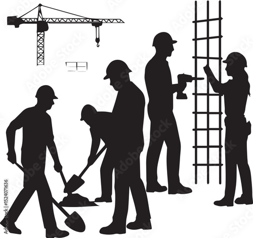 Silhouette illustration of construction workers on site with a crane