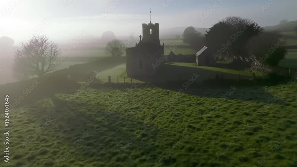 Fogshrouded rural landscape with a weathered stone church surrounded by grassy fields Fogshrouded rural landscape with a weathered stone church surrounded by grassy fields