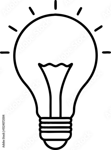 A simple black and white illustration of a glowing lightbulb symbol representing ideas and inspiration ready to be used in designs.