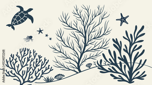 Undersea Serenity: A calm scene unfolds with marine flora and fauna in a flat illustration style, where a turtle, starfish, and algae inhabit this tranquil world.