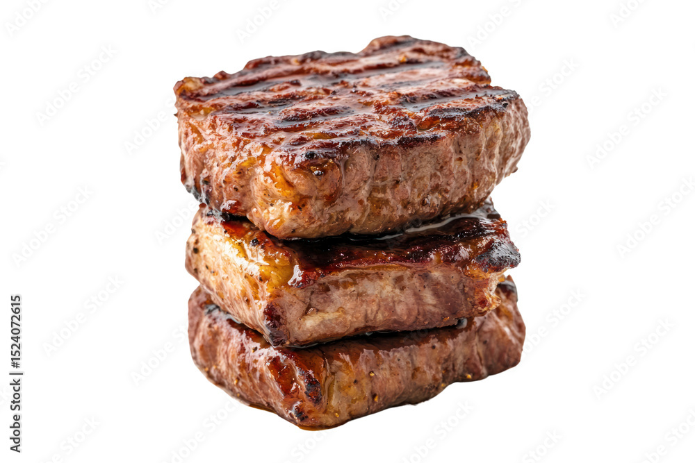 Stack of Grilled Steaks: Three succulent, perfectly grilled steaks, stacked high to showcase the artistry of cooking and culinary delight, tempting taste buds with their seared, caramelized surfaces. Stack of Grilled Steaks: Three succulent, perfectly grilled steaks, stacked high to showcase the artistry of cooking and culinary delight, tempting taste buds with their seared, caramelized surfaces.