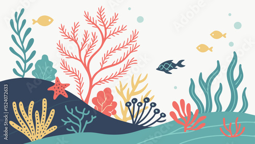 Underwater Realm: An illustrated underwater scene, showcasing a vibrant aquatic world teeming with colorful sea plants and diverse marine life.