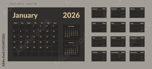 2026 Calendar Planner Set of Template 12 Monthly Page for Company or Personal use. Vector layout of a wall or desk organizer with week start Monday for print. Page for size A4-21x29.7cm in dark color