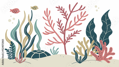 Oceanic Vegetation: An artistic illustration of underwater plants and sea life. A tranquil display of marine ecosystem.