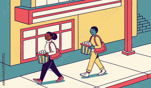 Two individuals holding popcorn walking on a sidewalk near a building. Bright colors flat design   
