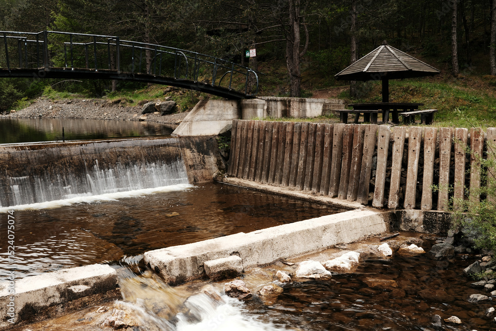 Obraz premium Rustic dam and picnic area by the river Kamisna surrounded by pine forest, Mokra Gora, Serbia.