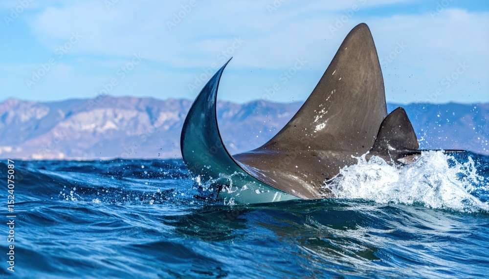 Obraz premium Manta ray cresting the ocean surface showing its dorsal fin majesty