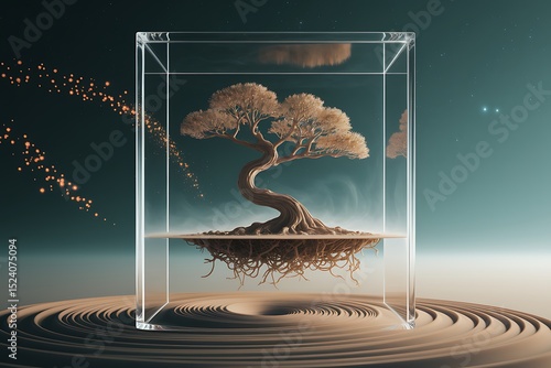 A Miniature Bonsai Tree Encased in a Glass Cube