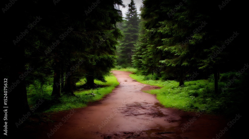 Obraz premium Path through dark evergreen forest landscape