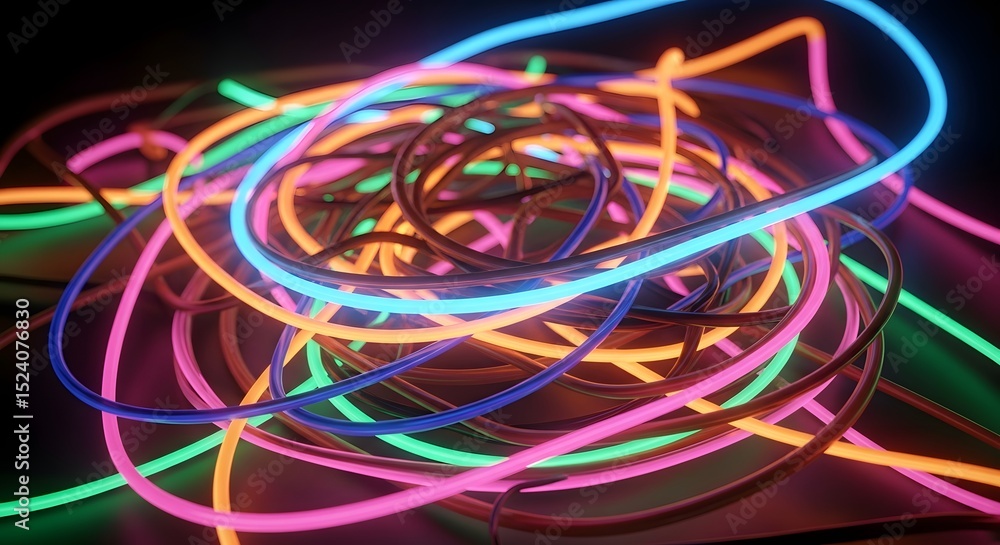 A tangled mess of vibrant neon tubes glowing brightly against a dark background space A tangled mess of vibrant neon tubes glowing brightly against a dark background space