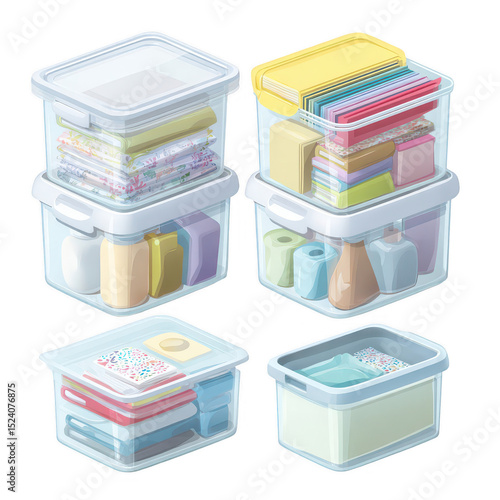 Organized Plastic Storage Containers with Colorful Labels and Craft Supplies for Home and Office Use on White Background