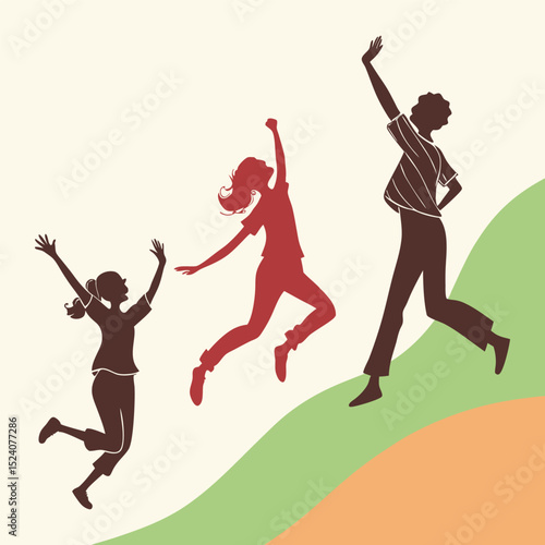 Joyful people leaping upward hillside fun
