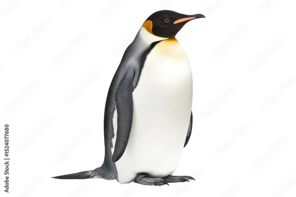 Fototapeta premium King Penguin: This majestic king penguin, with its distinctive markings of a black head, a white breast, and a yellow and orange patch on either side of its head, stands proudly.