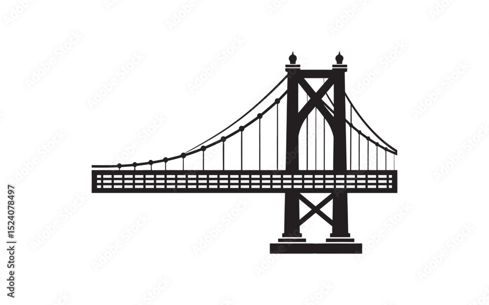 Obraz premium Vector illustration of a modern suspension bridge silhouette. Simple design conveying architectural strength. Ideal for urban, design, and architecture themes. 