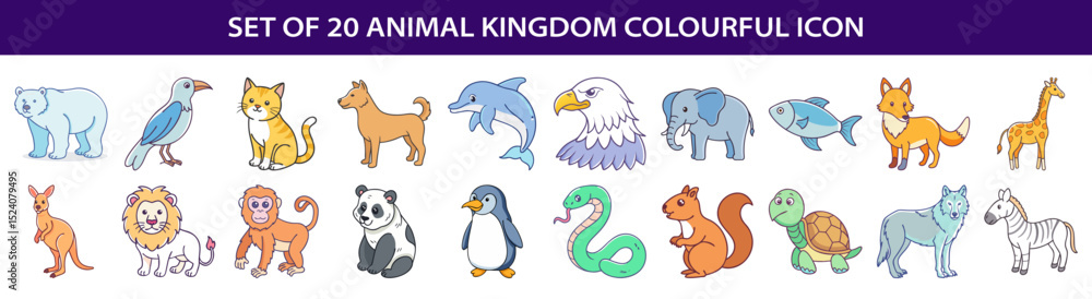 Fototapeta premium Set of 20 colorful animal kingdom icon illustrations isolated on white