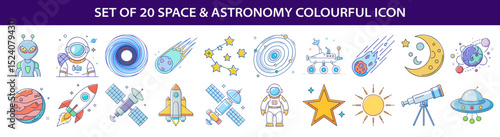 Set of twenty space and astronomy colorful vector icons in cartoon style