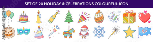Collection of colorful holiday and celebration icons representing diverse festive occasions