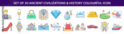 Collection of Icons Depicting Luxury, Travel, Leisure, and Affluence for Wealthy Lifestyle