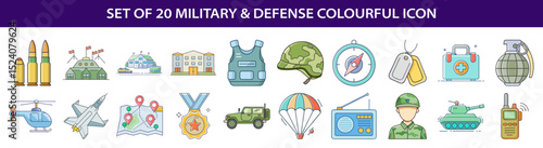 Colorful set of military and defense icons representing armed forces activities