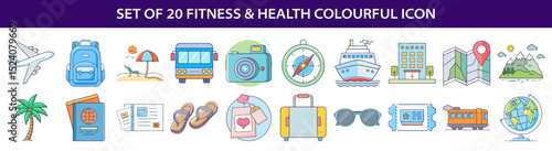 Colorful Vacation and Travel Icons Featuring Transportation, Nature, and Essential Items