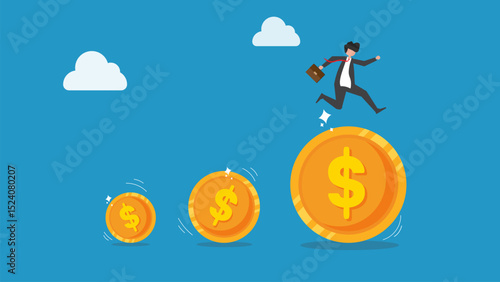 Businessman running on gold coins arranged in a row.Extensive financial or economic growth. Income or profit from the stock market or investment.wealth management.Financial guru expert. 