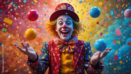 A joyful clown juggling colorful balls and confetti, cheerful carnival performance