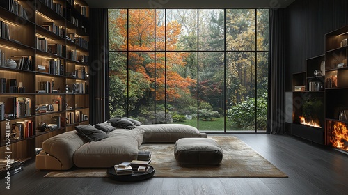 A haven of tranquility awaits, where custom-built shelves overflow with books, inviting armchairs beckon, and panoramic windows offer a serene view of a lush garden 
