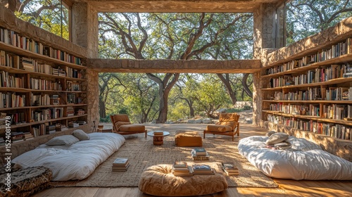 A haven of tranquility awaits, where custom-built shelves overflow with books, inviting armchairs beckon, and panoramic windows offer a serene view of a lush garden 