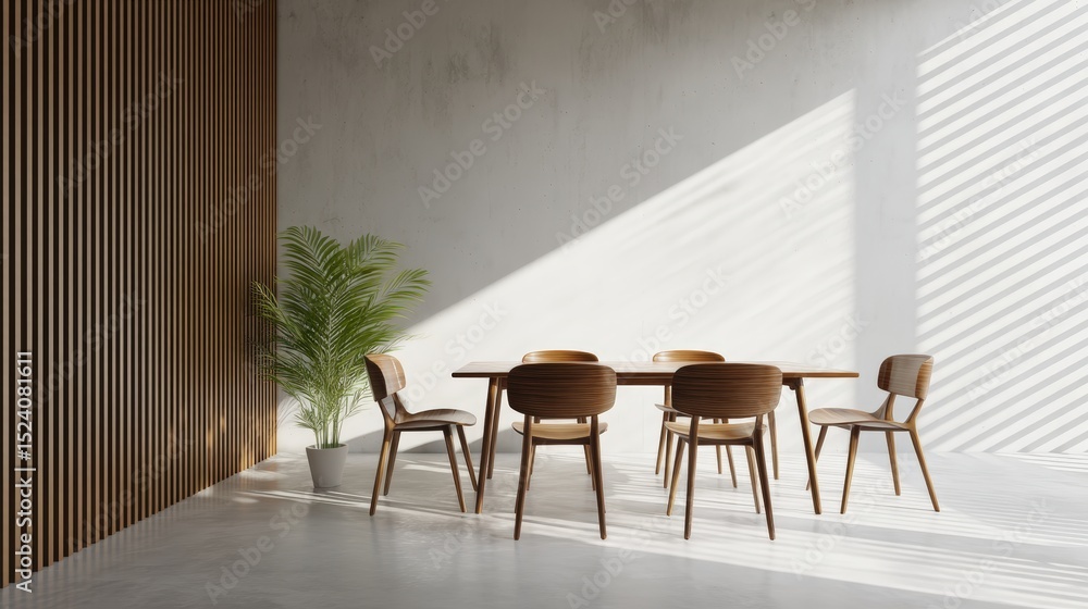 Fototapeta premium Minimalist dining area with wooden furniture, a potted plant, and sunlight casting shadows through slatted walls.